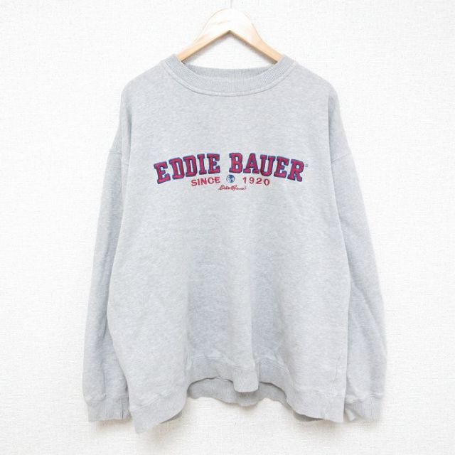 XL★古着 エディーバウアー Eddie Bauer 長袖 スウェット メンズ 00年代 00s EBTEK ビッグロゴ 刺繍 大きいサイズ クルーネック グレー 霜降り 【spe】 25feb21 中古 スエット トレーナー トップス