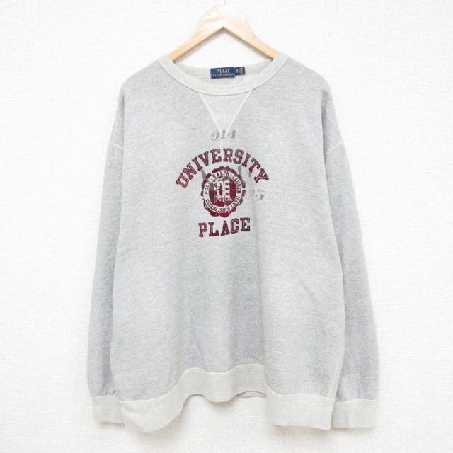 XL★古着 ラルフローレン Ralph Lauren 長袖 スウェット メンズ 大学 フロッキープリント 大きいサイズ クルーネック グレー 霜降り 25feb21 中古 スエット トレーナー トップス