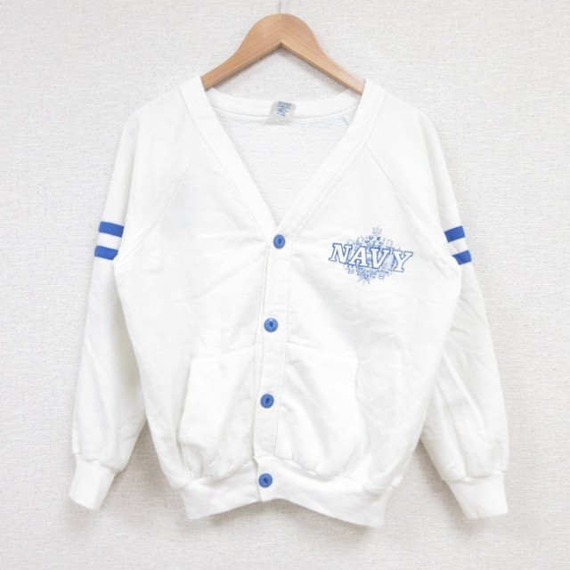 M★古着 長袖 スウェット カーディガン メンズ 90年代 90s ミリタリー ネイビー NAVY Vネック USA製 白 ホワイト 【spe】 25feb21 中古 スエット トレーナー トップス