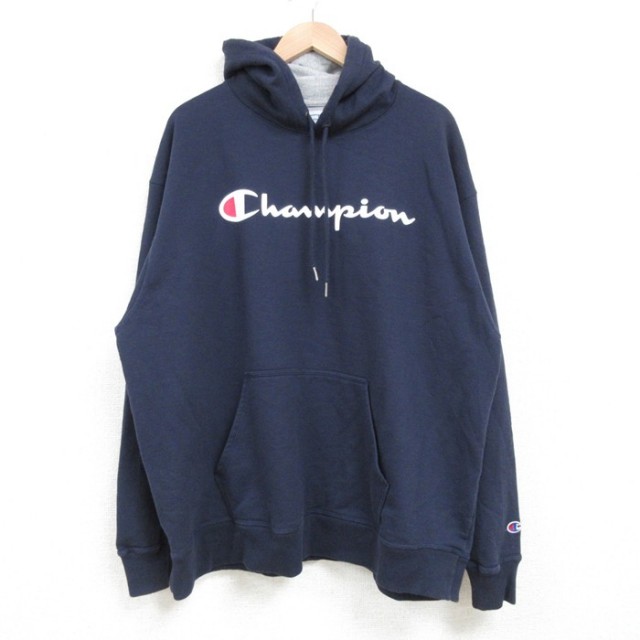 XL★古着 チャンピオン Champion 長袖 スウェット パーカー メンズ ビッグロゴ 大きいサイズ クルーネック 紺 ネイビー 25feb21 中古 スエット トレーナー トップス