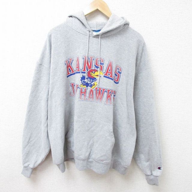 XL★古着 チャンピオン Champion 長袖 スウェット パーカー メンズ カンザス ジェイホークス 大きいサイズ グレー 霜降り 25feb21 中古 スエット トレーナー トップス