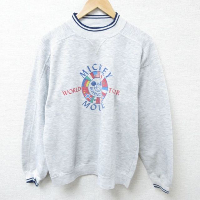 【50%OFF】L★古着 長袖 スウェット メンズ 90年代 90s ディズニー DISNEY ミッキー MICKEY MOUSE モックネック ハイネック グレー 霜降り 25feb21 中古 スエット トレーナー トップス