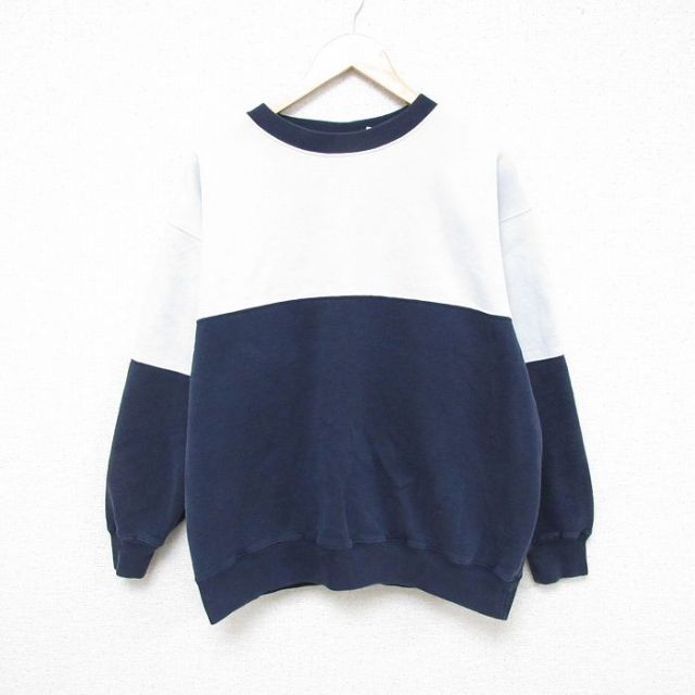 【50%OFF】L★古着 長袖 スウェット メンズ 00年代 00s 無地 ツートンカラー クルーネック 紺他 ネイビー 25feb22 中古 スエット トレーナー トップス