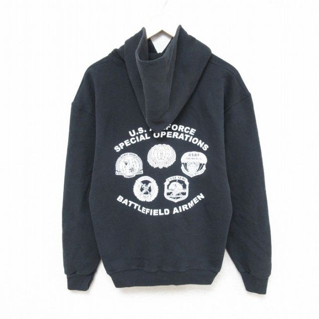 L★古着 長袖 スウェット パーカー メンズ 90年代 90s ミリタリー USエアフォース USA製 黒 ブラック 25feb22 中古 スエット トレーナー トップス