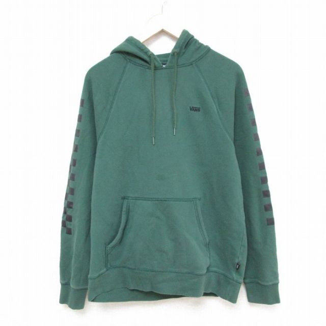 L★古着 バンズ VANS 長袖 スウェット パーカー メンズ ワンポイントロゴ ラグラン 緑 グリーン 25feb22 中古 スエット トレーナー トップス