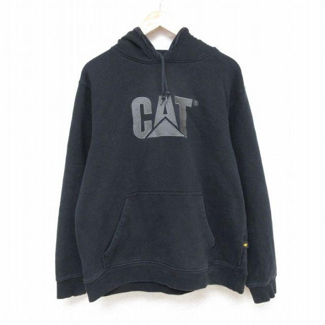 【50%OFF】XL★古着 長袖 スウェット パーカー メンズ CAT 刺繍 黒 ブラック 25feb22 中古 スエット トレーナー トップス