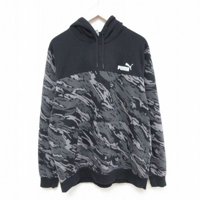 XL★古着 プーマ puma 長袖 スウェット パーカー メンズ ワンポイントロゴ 黒他 ブラック 迷彩 25feb22 中古 スエット トレーナー トップス
