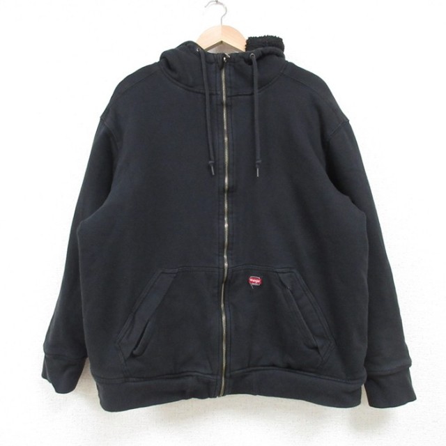 XL★古着 ラングラー Wrangler 長袖 フルジップ スウェット パーカー メンズ 無地 黒 ブラック 内側ボア 25feb22 中古 スエット トレーナー トップス