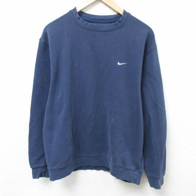 L★古着 ナイキ NIKE 長袖 スウェット メンズ 00年代 00s ワンポイントロゴ クルーネック 紺 ネイビー 25feb22 中古 スエット トレーナー トップス