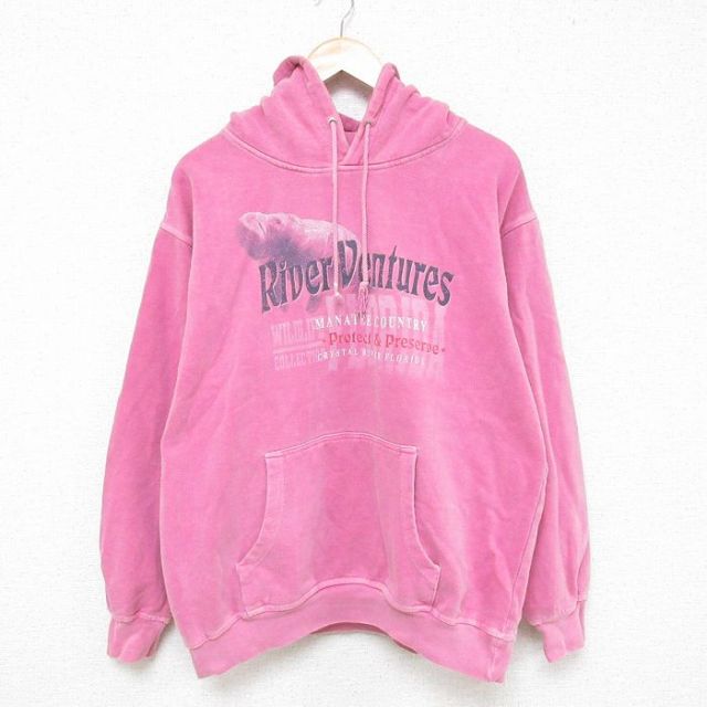L★古着 長袖 スウェット パーカー メンズ 90年代 90s マナティー コットン USA製 ピンク 25feb25 中古 スエット トレーナー トップス
