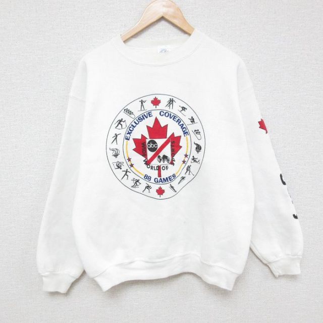 【50%OFF】L★古着 長袖 スウェット メンズ 90年代 90s カナダ クルーネック USA製 白 ホワイト 25feb25 中古 スエット トレーナー トップス