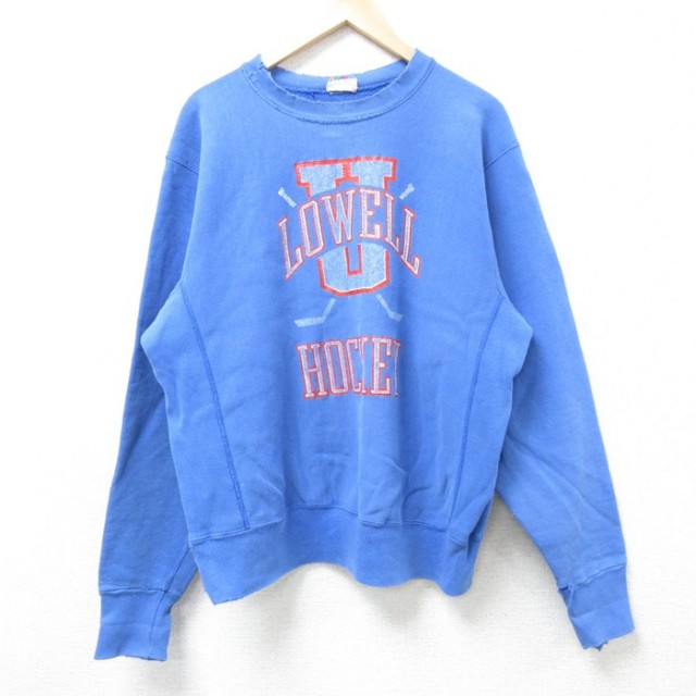 L★古着 長袖 スウェット メンズ 00年代 00s LOWELL HOCKEY ボロ クルーネック 水色 25feb25 中古 スエット トレーナー トップス