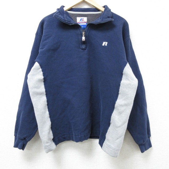 M★古着 ラッセル 長袖 ハーフジップ スウェット メンズ ワンポイントロゴ ツートンカラー 紺他 ネイビー 25feb25 中古 スエット トレーナー トップス