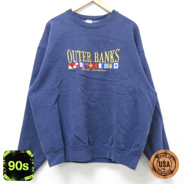 フルーツオブザルーム 90s 長袖スウェット アウターバンクス刺繍 ネイビー メンズXL相当 | 古着