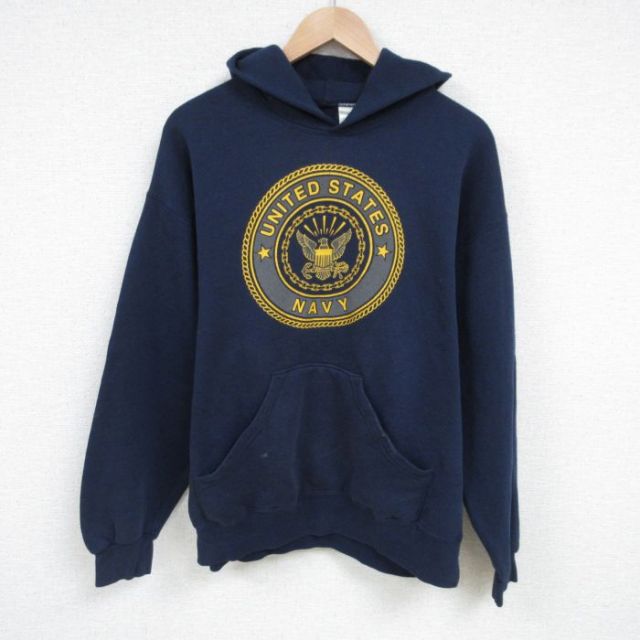 L★古着 長袖 スウェット パーカー メンズ 90年代 90s ミリタリー ネイビー NAVY USA製 紺 25feb26 中古 スエット トレーナー トップス