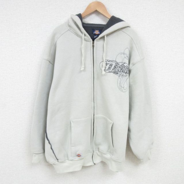 XL★古着 ディッキーズ Dickies 長袖 フルジップ スウェット パーカー メンズ ビッグロゴ 大きいサイズ サーマル地 薄グレー 25feb26 中古 スエット トレーナー トップス