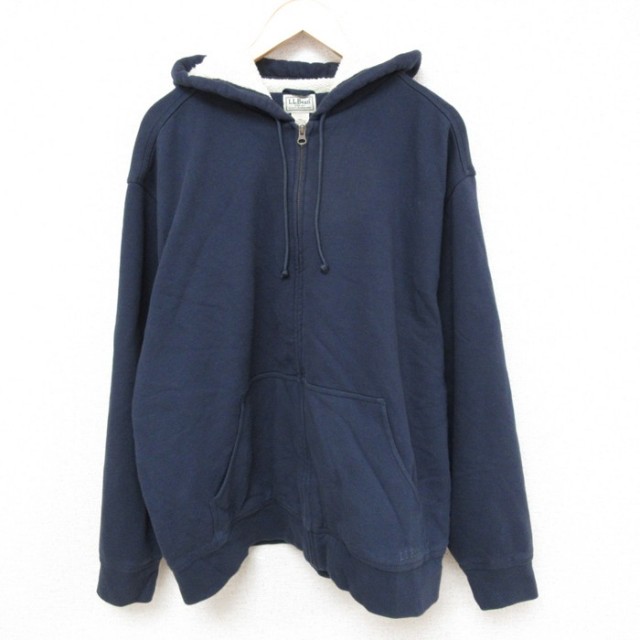XL★古着 エルエルビーン LLBEAN 長袖 フルジップ スウェット パーカー メンズ 00年代 00s ワンポイントロゴ 大きいサイズ クルーネック 紺 ネイビー 内側ボア 【spe】 25feb27 中古 スエット トレーナー トップス