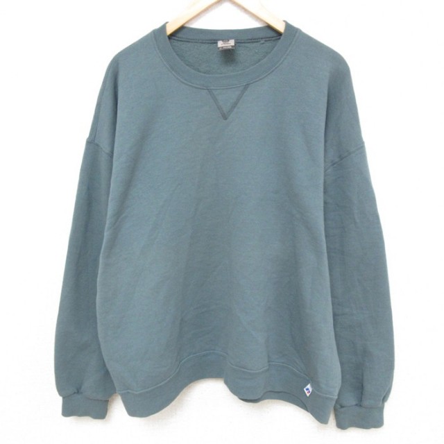 XL★古着 ラッセル 長袖 スウェット メンズ 00年代 00s 無地 大きいサイズ クルーネック 緑 グリーン 25feb27 中古 スエット トレーナー トップス