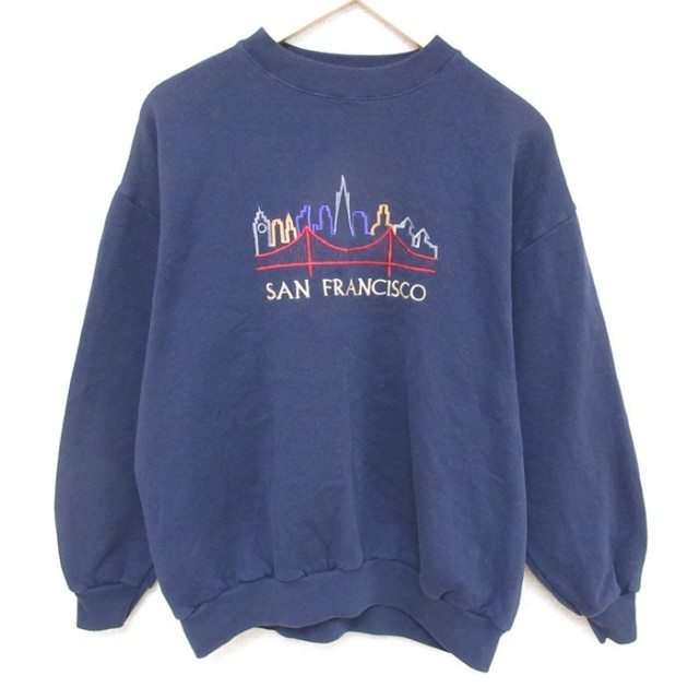 【50%OFF】L★古着 TULTEX 長袖 スウェット メンズ 90年代 90s サンフランシスコ 刺繍 クルーネック 紺 ネイビー 25feb27 中古 スエット トレーナー トップス