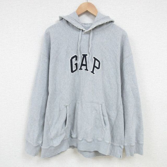 XL★古着 ギャップ GAP 長袖 スウェット パーカー メンズ 00年代 00s ビッグロゴ 刺繍 ボロ 大きいサイズ グレー 霜降り 25feb27 中古 スエット トレーナー トップス
