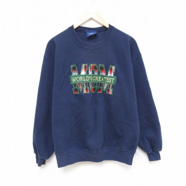 【50%OFF】M★古着 長袖 スウェット メンズ 90年代 90s MOM 刺繍 クルーネック USA製 紺 ネイビー 25feb28 中古 スエット トレーナー トップス