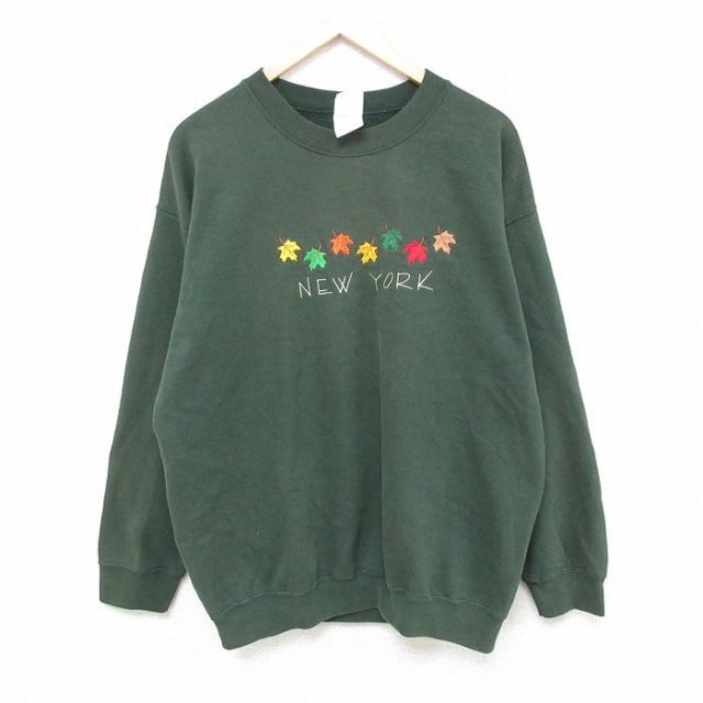 L★古着 長袖 スウェット メンズ 00年代 00s 葉 ニューヨーク 刺繍 クルーネック 緑 グリーン 25feb28 中古 スエット トレーナー トップス