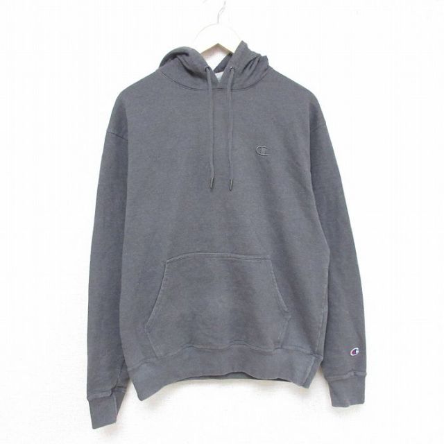 【20%OFF】L★古着 チャンピオン Champion 長袖 スウェット パーカー メンズ ワンポイントロゴ グレー 霜降り 25feb28 中古 スエット トレーナー トップス