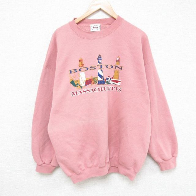XL★古着 長袖 スウェット メンズ 90年代 90s ボストン 大きいサイズ クルーネック USA製 ピンク 25feb28 中古 スエット トレーナー トップス