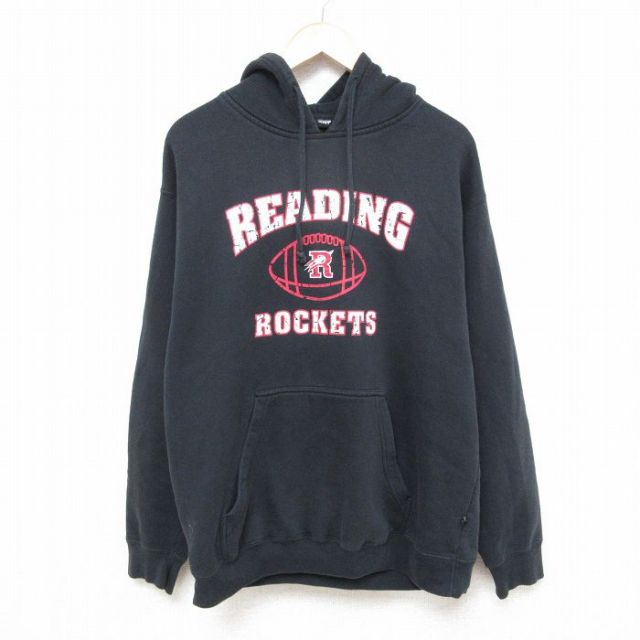 【50%OFF】XL★古着 長袖 スウェット パーカー メンズ READING ROCKETS 黒 ブラック 25feb28 中古 スエット トレーナー トップス