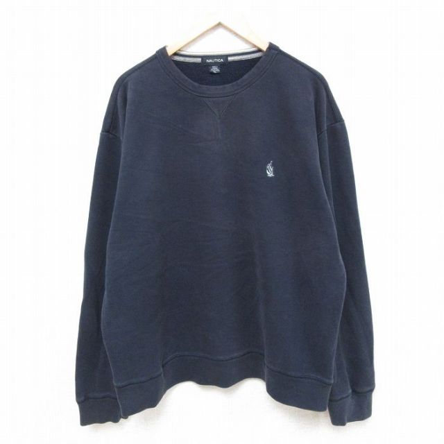 【50%OFF】XL★古着 ノーティカ NAUTICA 長袖 ブランド スウェット メンズ 00年代 00s ワンポイントロゴ 大きいサイズ クルーネック カナダ製 紺 ネイビー 25feb28 中古 スエット トレーナー トップス