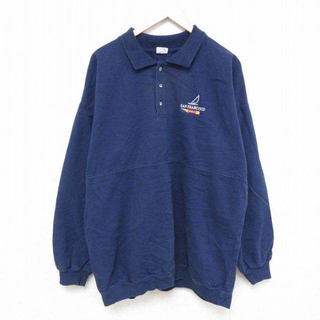 XL★古着 Crazy Shirts 長袖 トップス メンズ 90年代 90s サンフランシスコ 大きいサイズ コットン 襟付き USA製 紺 ネイビー 25feb28 中古 スエット トレーナー