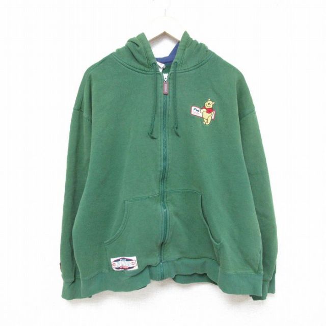 XL★古着 長袖 フルジップ スウェット パーカー メンズ 00年代 00s ディズニー DISNEY くまのプーさん 大きいサイズ 緑 グリーン 25feb28 中古 スエット トレーナー トップス