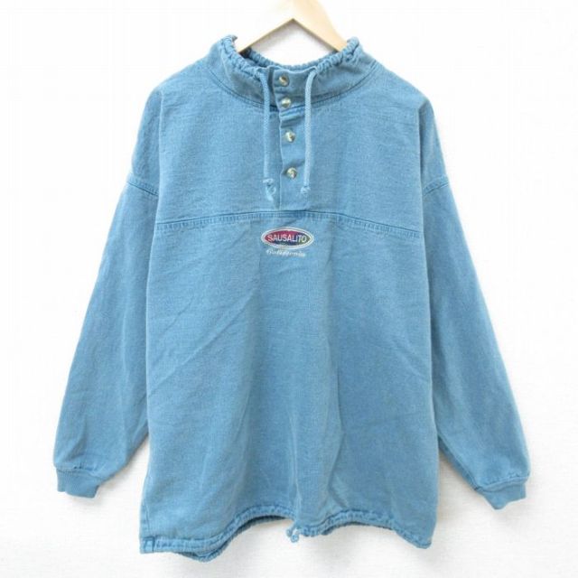 XL★古着 長袖 トップス メンズ 90年代 90s カリフォルニア 大きいサイズ コットン モックネック ハイネック USA製 紺 ネイビー デニム 25mar01 中古 スエット トレーナー