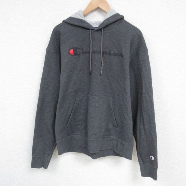 XL★古着 チャンピオン Champion 長袖 スウェット パーカー メンズ ビッグロゴ 濃グレー 霜降り 25mar01 中古 スエット トレーナー トップス