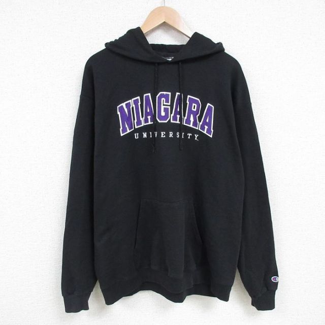 【50%OFF】XL★古着 チャンピオン Champion 長袖 スウェット パーカー メンズ ナイアガラ 大学 刺繍 黒 ブラック 25mar01 中古 スエット トレーナー トップス