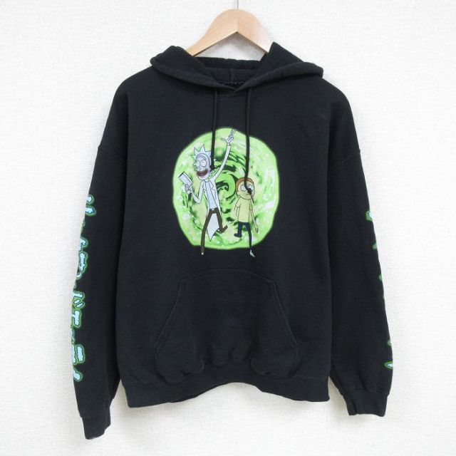 L★古着 長袖 スウェット パーカー メンズ アニメ リックアンドモーティ 黒 ブラック 25mar01 中古 スエット トレーナー トップス