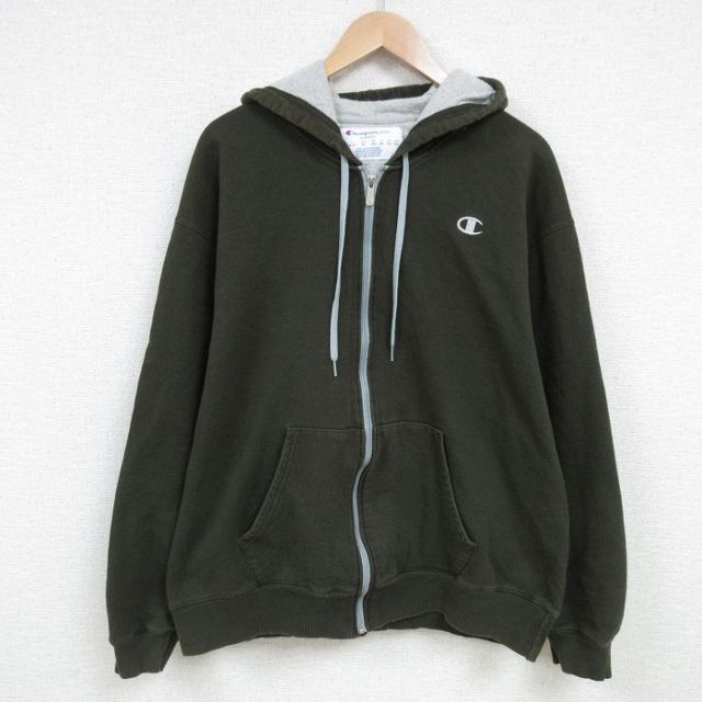 XL★古着 チャンピオン Champion 長袖 フルジップ スウェット パーカー メンズ ワンポイントロゴ 大きいサイズ クルーネック 濃緑 グリーン 25mar01 中古 スエット トレーナー トップス