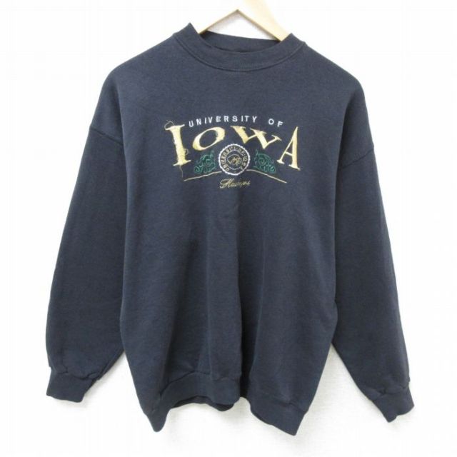 【50%OFF】L★古着 長袖 スウェット メンズ 90年代 90s アイオワ 大学 刺繍 クルーネック USA製 黒 ブラック 25mar01 中古 スエット トレーナー トップス