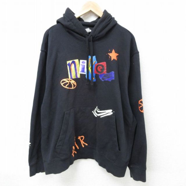 XL★古着 ナイキ NIKE 長袖 スウェット パーカー メンズ 00年代 00s ビッグロゴ 星 大きいサイズ 黒 ブラック 25mar01 中古 スエット トレーナー トップス
