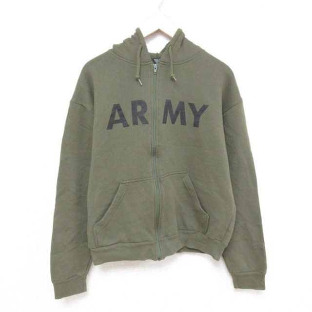 L★古着 長袖 フルジップ スウェット パーカー メンズ 90年代 90s ミリタリー アーミー ARMY USA製 緑 グリーン 25mar03 中古 スエット トレーナー トップス