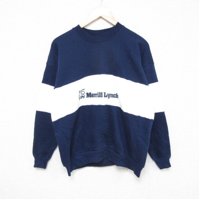 L★古着 TULTEX 長袖 スウェット メンズ 80年代 80s メリルリンチ ツートンカラー クルーネック USA製 紺他 ネイビー 25mar03 中古 スエット トレーナー トップス