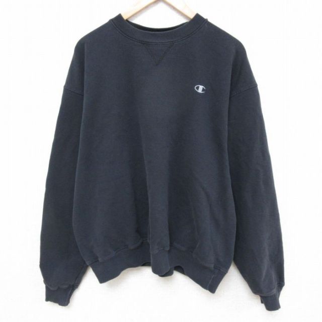XL★古着 チャンピオン Champion 長袖 スウェット メンズ ワンポイントロゴ 大きいサイズ クルーネック 黒 ブラック 25mar03 中古 スエット トレーナー トップス