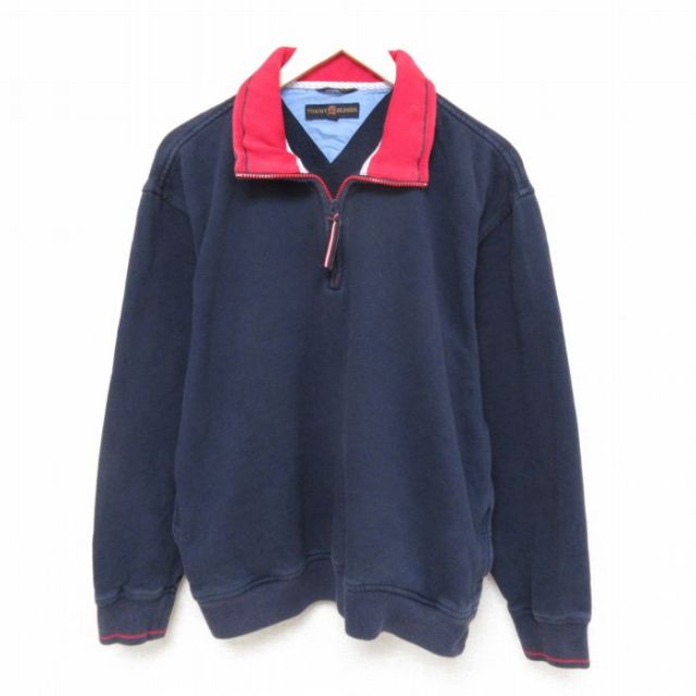 【50%OFF】L★古着 トミーヒルフィガー TOMMY HILFIGER 長袖 ブランド ハーフジップ スウェット メンズ 90年代 90s ワンポイントロゴ 襟付き 紺 ネイビー 25mar03 中古 スエット トレーナー トップス