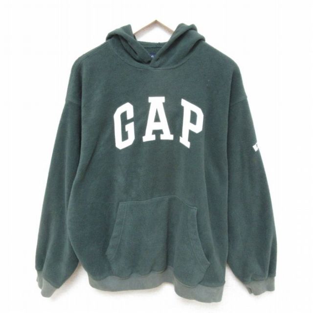 XL★古着 ギャップ GAP 長袖 フリース トップス パーカー メンズ 00年代 00s ビッグロゴ 刺繍 大きいサイズ ポリエステル 濃緑 グリーン 25mar03 中古 スエット トレーナー