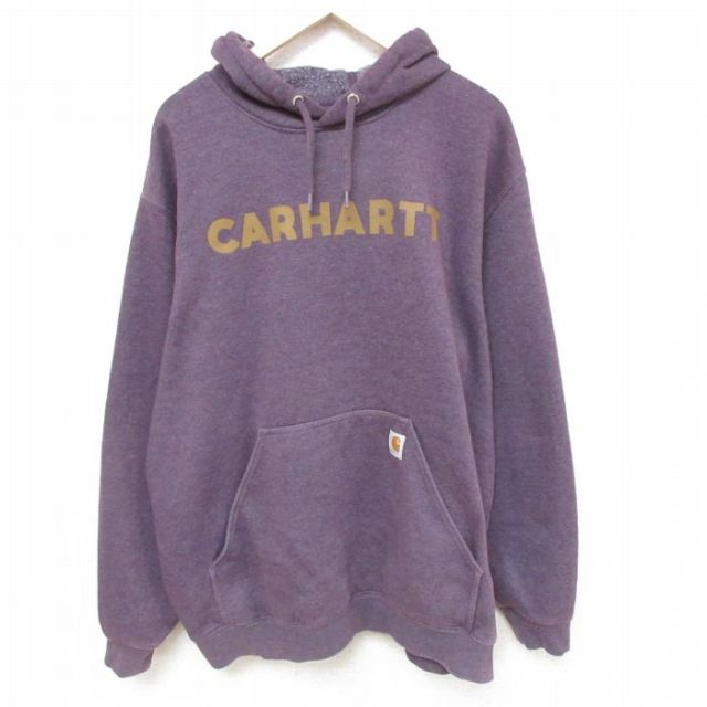 XL★古着 カーハート Carhartt 長袖 スウェット パーカー メンズ ビッグロゴ 大きいサイズ 紫 パープル 霜降り 25mar03 中古 スエット トレーナー トップス