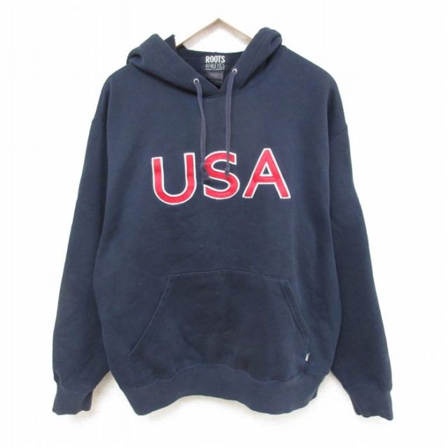 XL★古着 ROOTS ATHLETICS 長袖 スウェット パーカー メンズ 00年代 00s アテネオリンピック USAロゴ 刺繍 大きいサイズ カナダ製 紺 ネイビー 25mar03 中古 スエット トレーナー トップス
