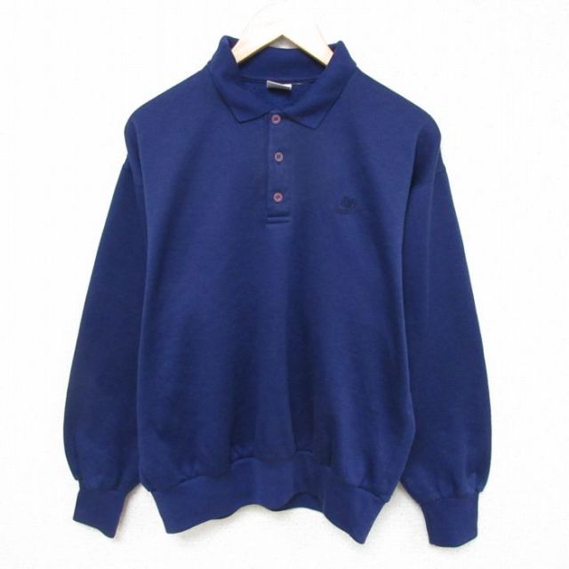 L★古着 ナイキ NIKE 長袖 スウェット メンズ 90年代 90s ワンポイントロゴ 襟付き 紺 ネイビー 【spe】 25mar03 中古 スエット トレーナー トップス