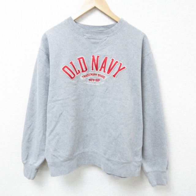 L★古着 オールドネイビー OLD NAVY 長袖 スウェット メンズ 00年代 00s ビッグロゴ 刺繍 クルーネック グレー 霜降り 25mar03 中古 スエット トレーナー トップス