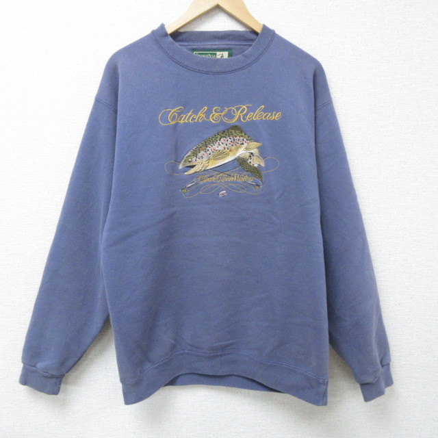 【50%OFF】L★古着 長袖 スウェット メンズ 90年代 90s ブラックバス 刺繍 クルーネック USA製 薄紺 ネイビー 25mar03 中古 スエット トレーナー トップス