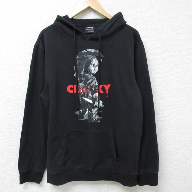 L★古着 長袖 スウェット パーカー メンズ ホラー映画 チャイルドプレイ チャッキー 黒 ブラック 25mar03 中古 スエット トレーナー トップス